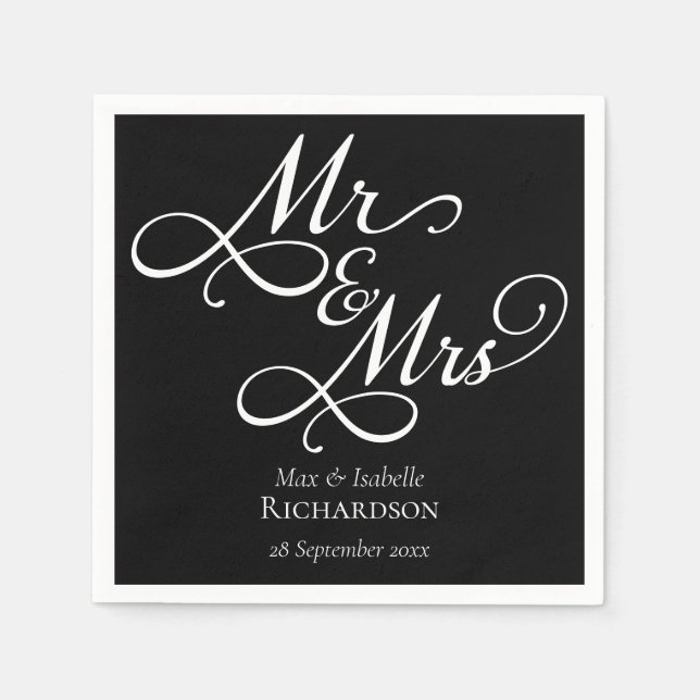 Elegant Black and White Script Wedding Napkins (Front)