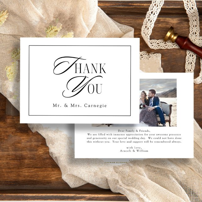 Elegant Black and White Script Wedding Photo Thank You Card (Creator Uploaded)