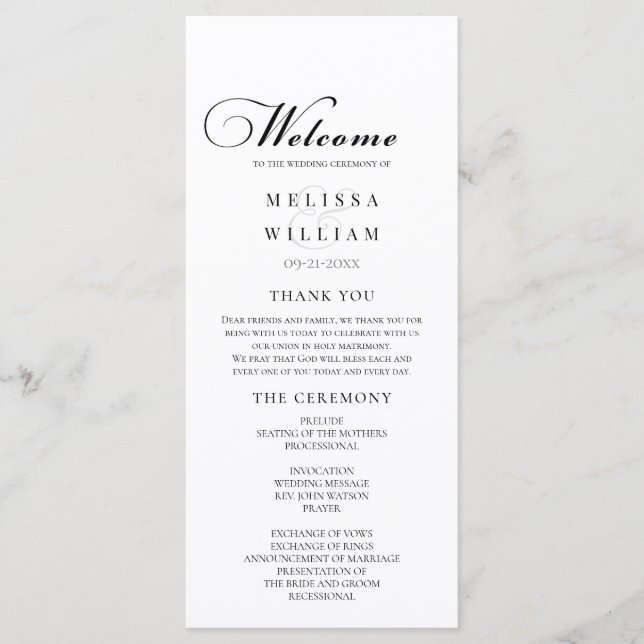 Elegant Black and White Script Wedding Program (Front)