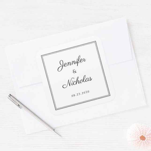 Elegant  Black And White Script Wedding Square Sticker (Envelope)
