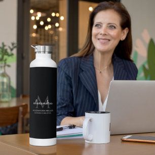Elegant Black and White Simple Monogram Name Water Bottle