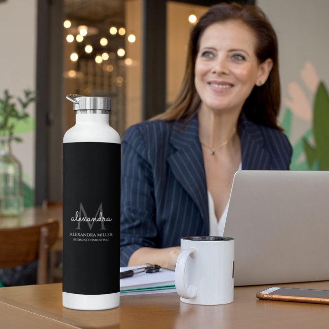 Elegant Black and White Simple Monogram Name Water Bottle (Creator Uploaded)