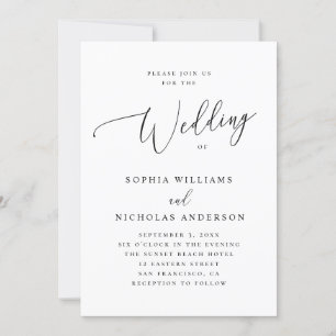 Elegant black and white simple script wedding invitation