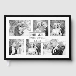 Elegant black and white six photo collage wedding guest book