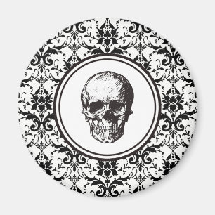 Elegant Black And White Skull Damask Magnet