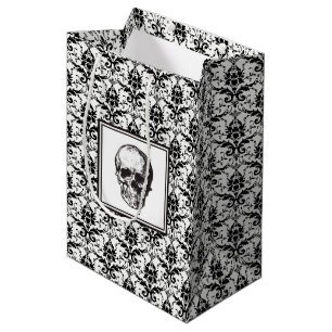 Elegant Black And White Skull Damask Medium Gift Bag