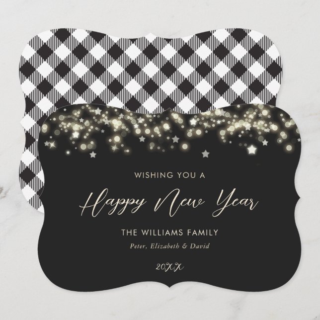 Elegant Black and White Stars Happy New Year Card (Front/Back)