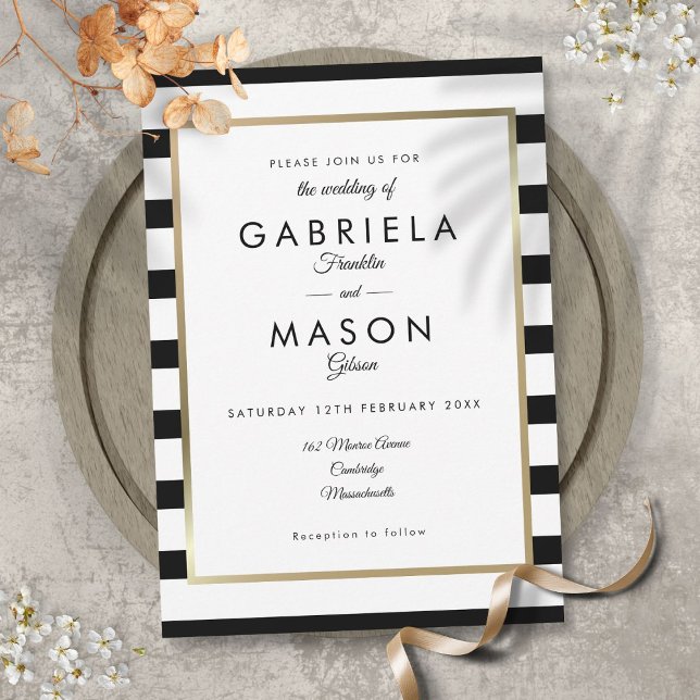 Elegant Black And White Stripe Gold Border Wedding Invitation (Creator Uploaded)