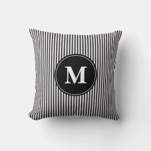 Elegant Black and White Stripe Pattern Monogram Cushion