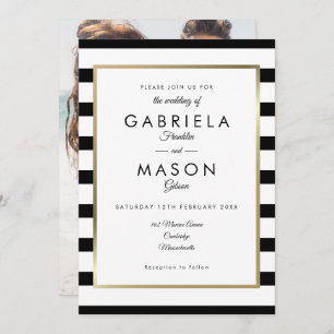 Elegant Black And White Stripe Photo Wedding Invitation