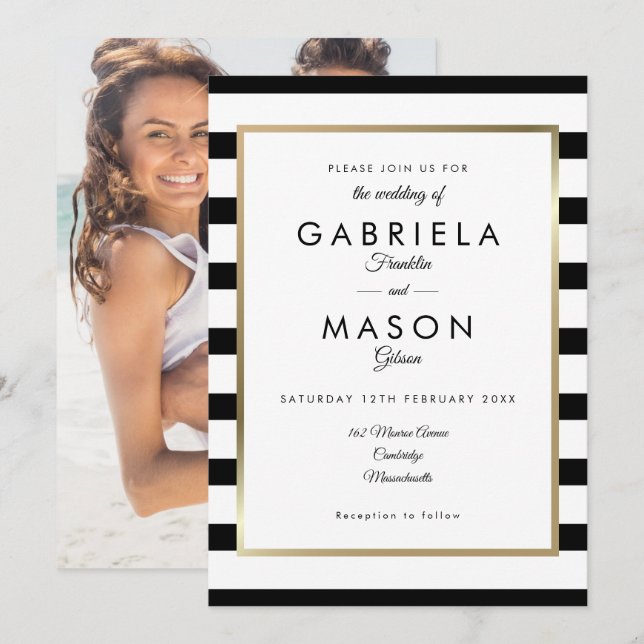 Elegant Black And White Stripe Photo Wedding Invitation (Front/Back)