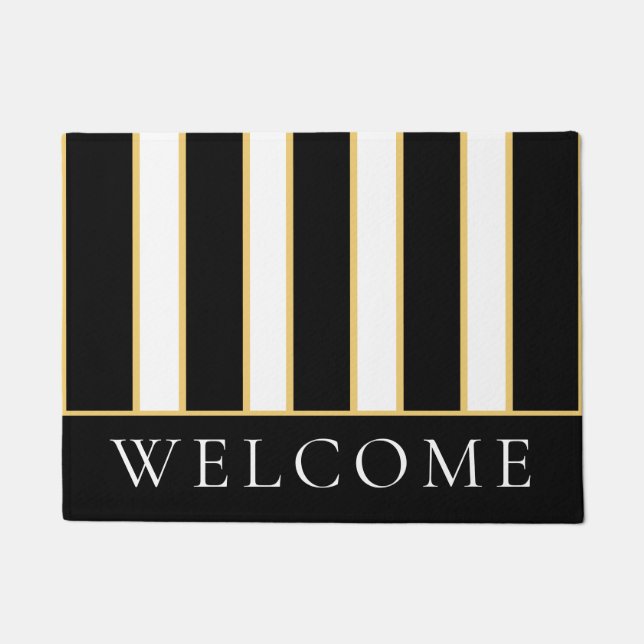 Elegant Black and White Stripe  Welcome Doormat (Front)