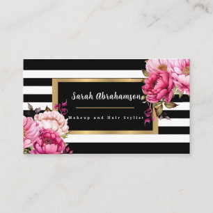 Elegant Black and White Striped Floral Business Card