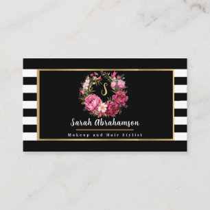 Elegant Black and White Striped Floral Business Card