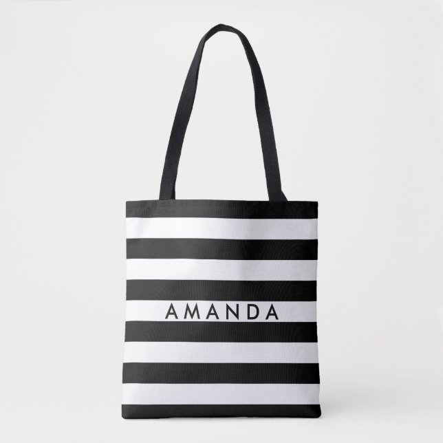 Elegant black and white stripes add your name tote bag (Front)