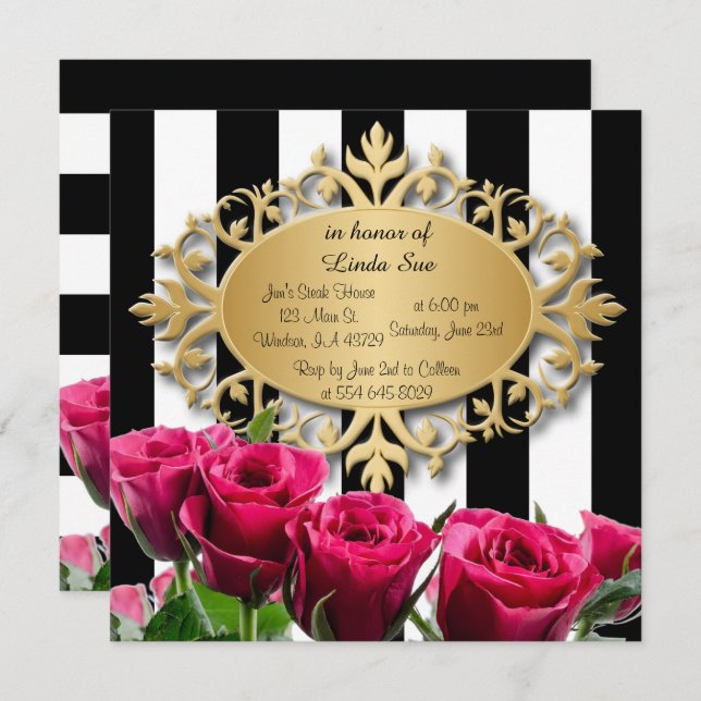 Elegant Black and White Stripes and Pink Roses Invitation (Front/Back)