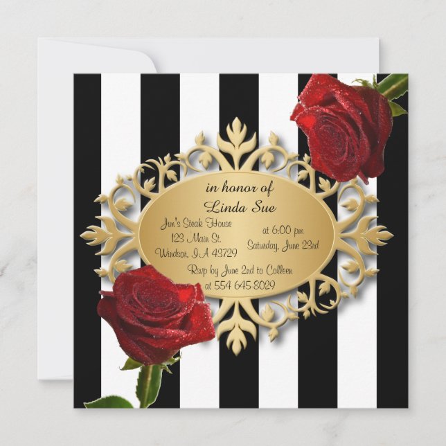 Elegant Black and White Stripes and Red Roses Invitation (Front)