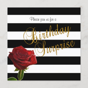 Elegant Black and White Stripes and Red Roses Invitation