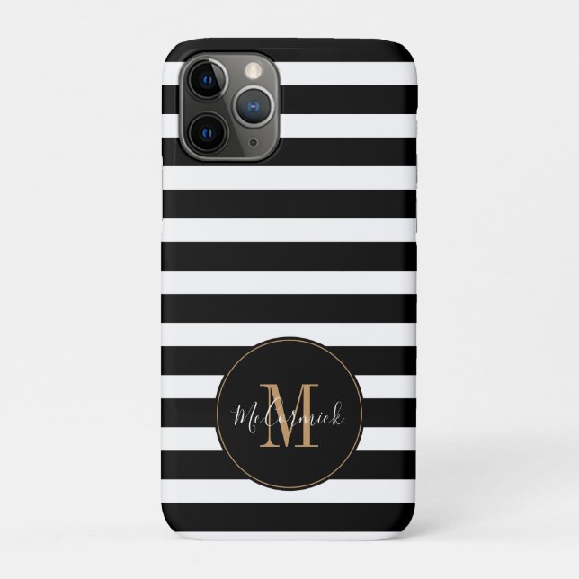 Elegant Black and White Stripes Gold Monogram Name Case-Mate iPhone Case (Back)