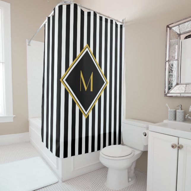 Elegant Black and White Stripes Gold Monogram Shower Curtain (In Situ)