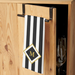 Elegant Black and White Stripes Gold Monogram Tea Towel