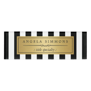 Elegant Black and White Stripes Gold Name Label Tag