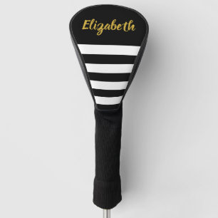 Elegant Black and White Stripes Gold Script Name Golf Head Cover