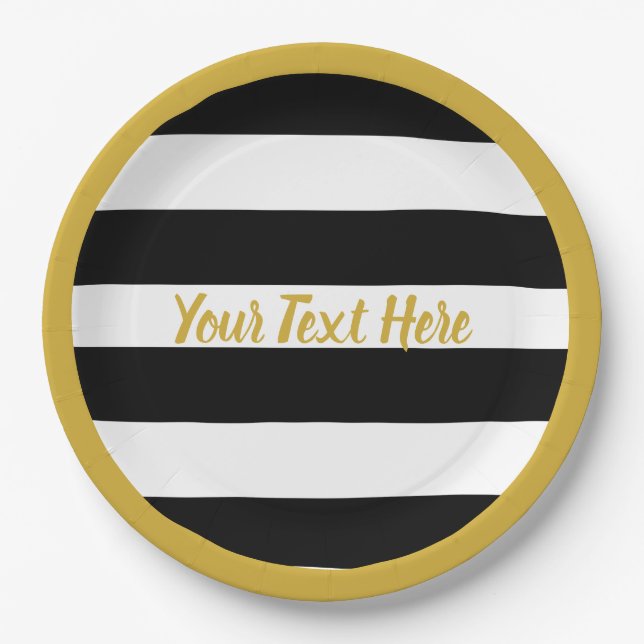 Elegant  Black and White Stripes Gold Script Text Paper Plate (Front)