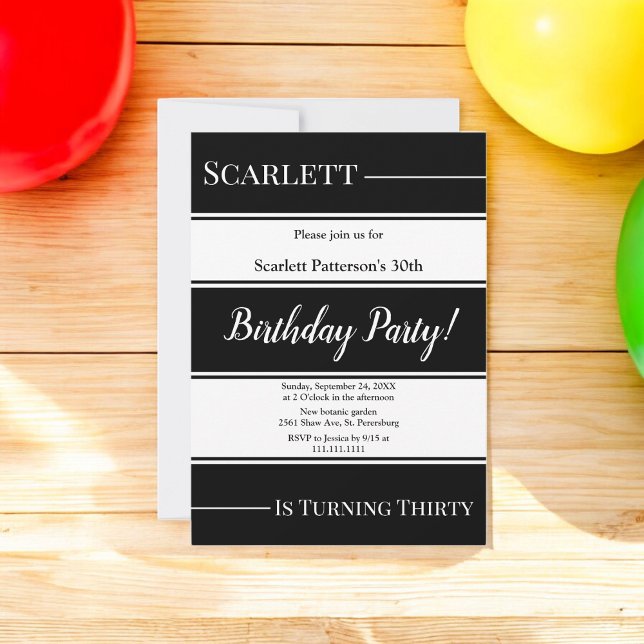 Elegant Black And White Stripes Modern Birthday Invitation (Creator Uploaded)