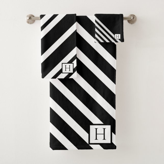 Elegant Black and white stripes Monogrammed Bath Towel Set (Insitu)
