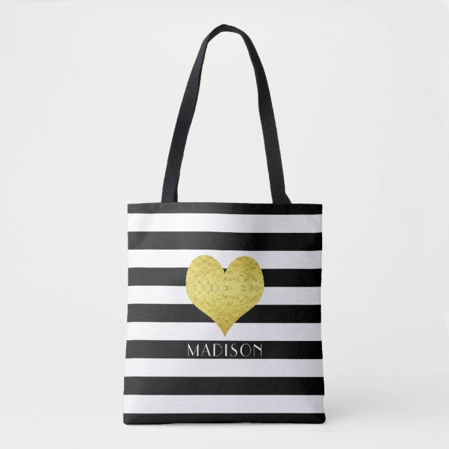 Elegant Black And White Stripes Pattern Name Tote Bag (Front)