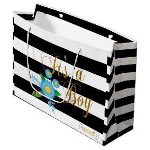 Elegant Black and White Stripes With Blue Floral Large Gift Bag