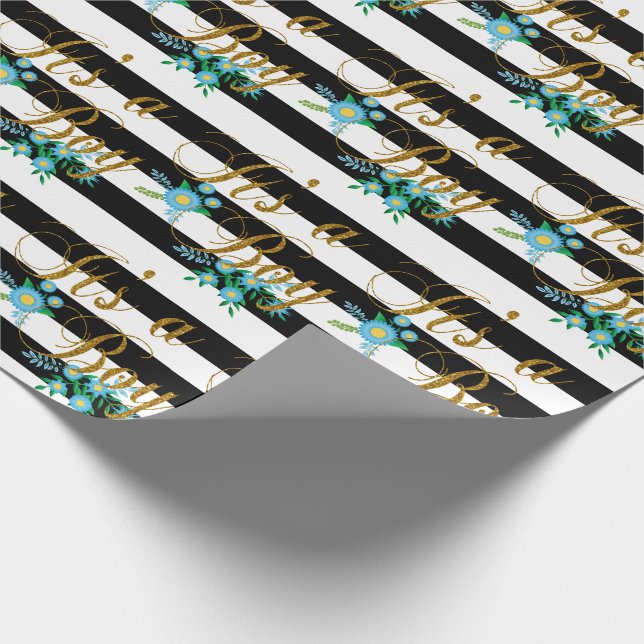 Elegant Black and White Stripes With Blue Floral Wrapping Paper (Corner)