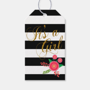 Elegant Black and White Stripes With Pink Floral Gift Tags