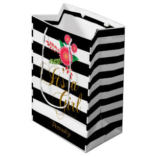 Elegant Black and White Stripes With Pink Floral Medium Gift Bag