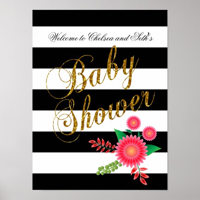 Elegant Black and White Stripes With Pink Floral Poster (Front)