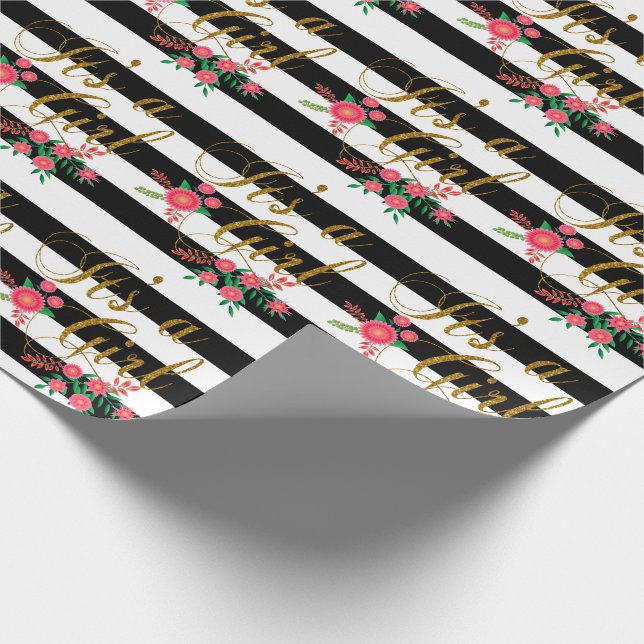 Elegant Black and White Stripes With Pink Floral Wrapping Paper (Corner)