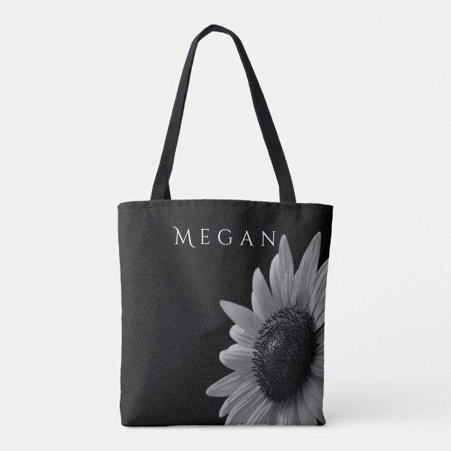 Elegant Black and White Sunflower Custom Your Name Tote Bag (Back)