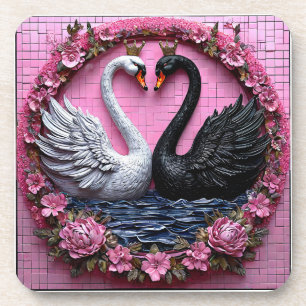 Elegant Black and White Swans with Crown Coaster