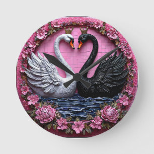 Elegant Black and White Swans with Crown Round Clock