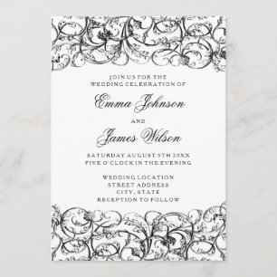 Elegant black and white swirls wedding invitation