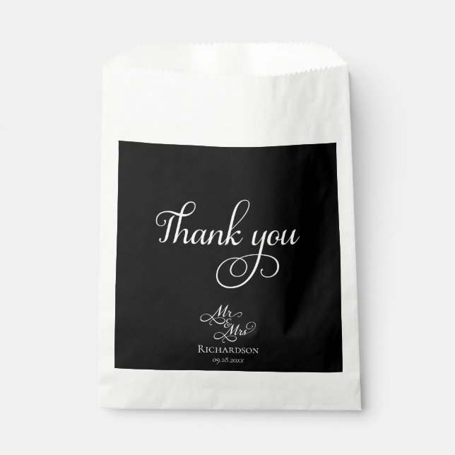 Elegant Black and White Thank You Wedding Favour Bag (Front)