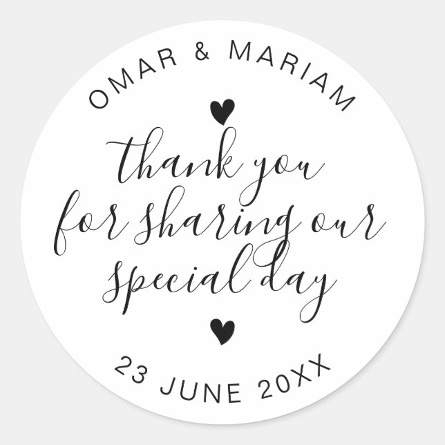 Elegant Black and White Thank You Wedding Favour Classic Round Sticker (Front)