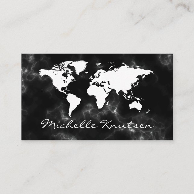 elegant black and white Travel Agent World Map  Business Card (Front)