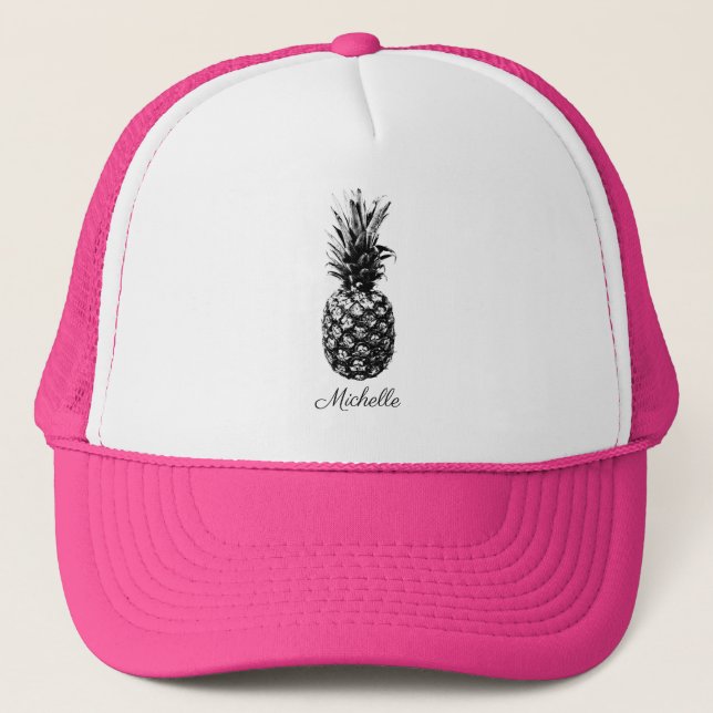 Elegant black and white Tropical  Pineapple Custom Trucker Hat (Front)