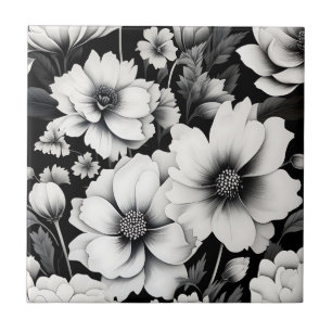 Elegant Black and White Watercolor Floral Ceramic Tile