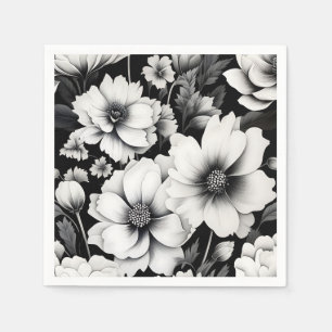 Elegant Black and White Watercolor Floral Napkin