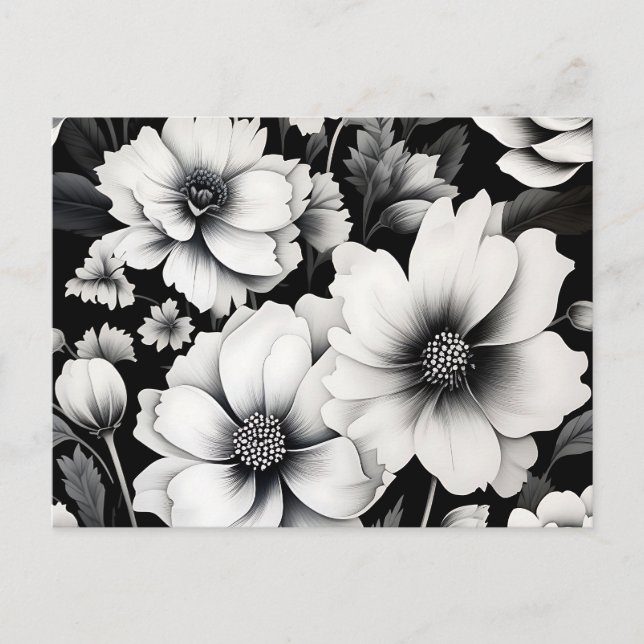 Elegant Black and White Watercolor Floral  Postcard (Front)