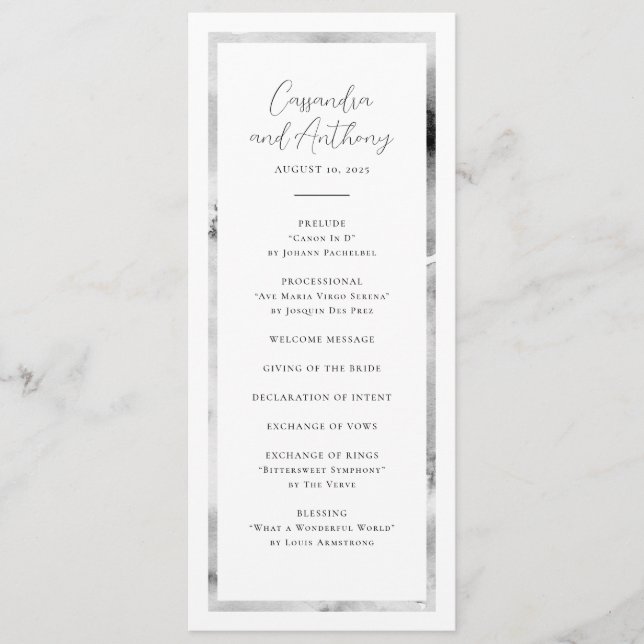 Elegant Black and White Watercolor Marble Wedding Program (Front)