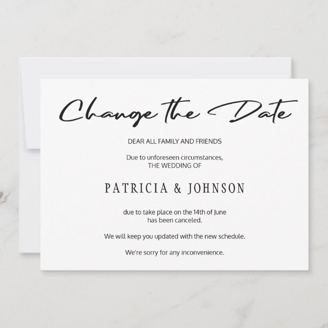 Elegant black and white wedding change the date save the date (Front)
